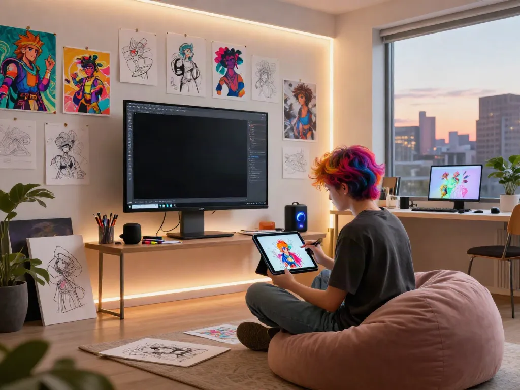 NSFW AI character design workspace with vibrant digital art, artist creating illustrations.