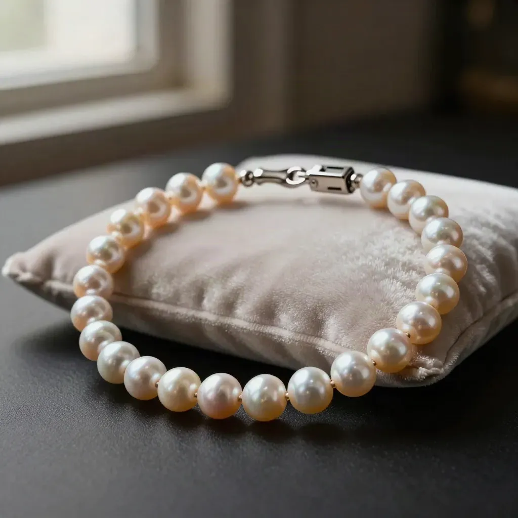 Bracelet de perles roses sur velours pâle avec coquillage, lumière dramatique.