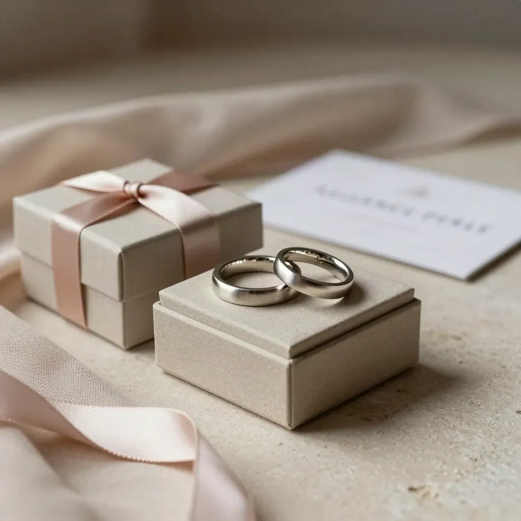 Deux alliances assorties dans un coffret mariage sur pierre pâle, ruban blush et linge de lin.