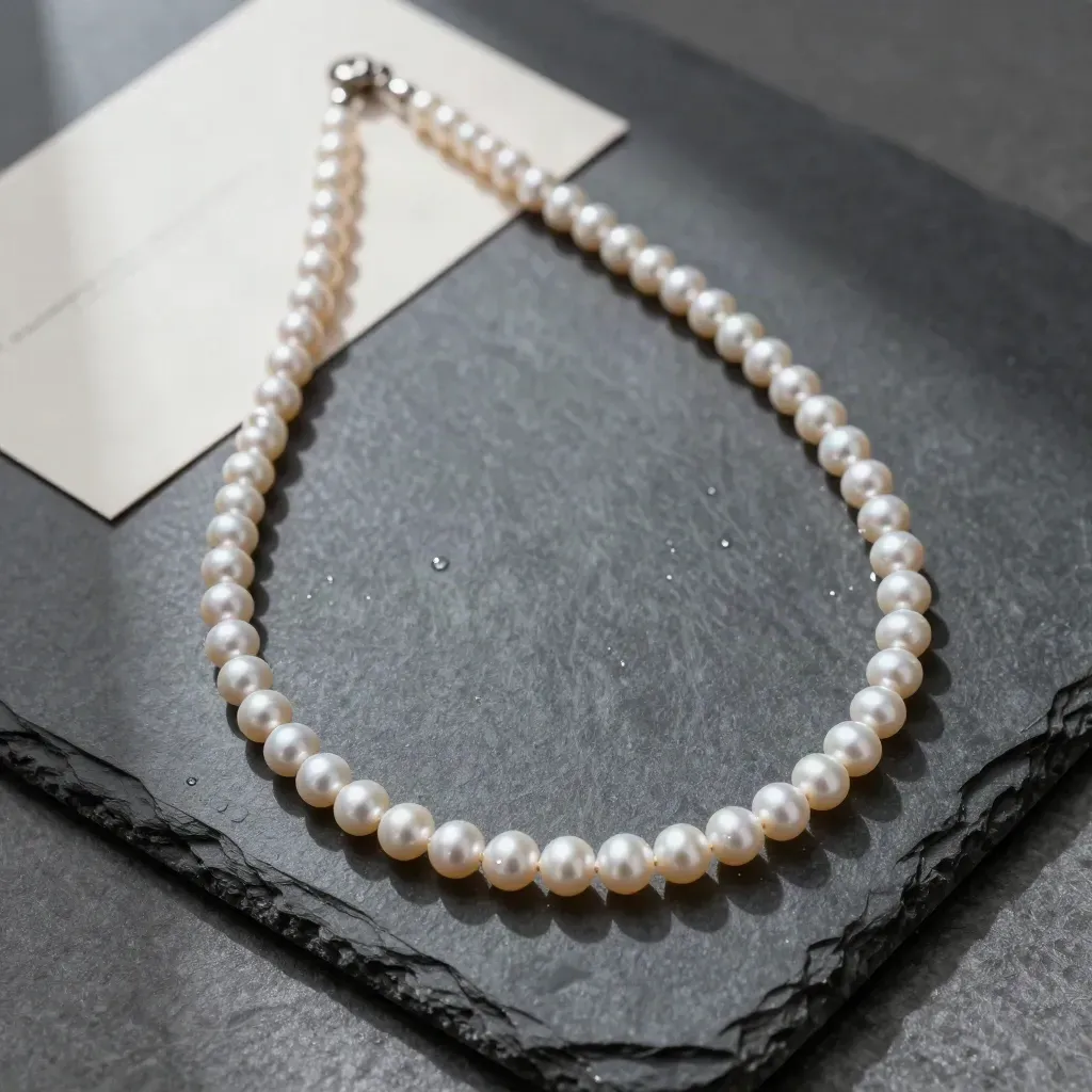 Collier Akoya en arc sur pierre sombre humide, reflets frais et lumière douce.