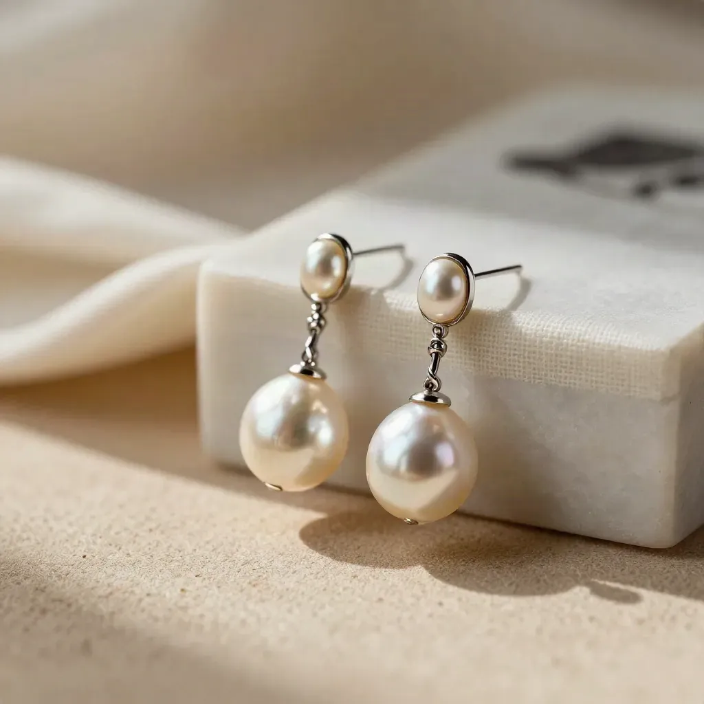 Deux boucles de perles d’eau douce devant un lin crème et un marbre doux, lumière rasante.