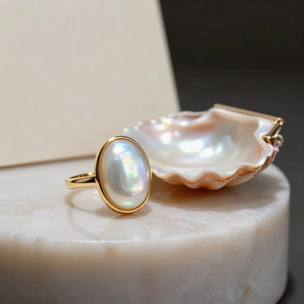 Bague en or et nacre rose sur pierre lisse, avec demi-coquille et écrin ouvert.