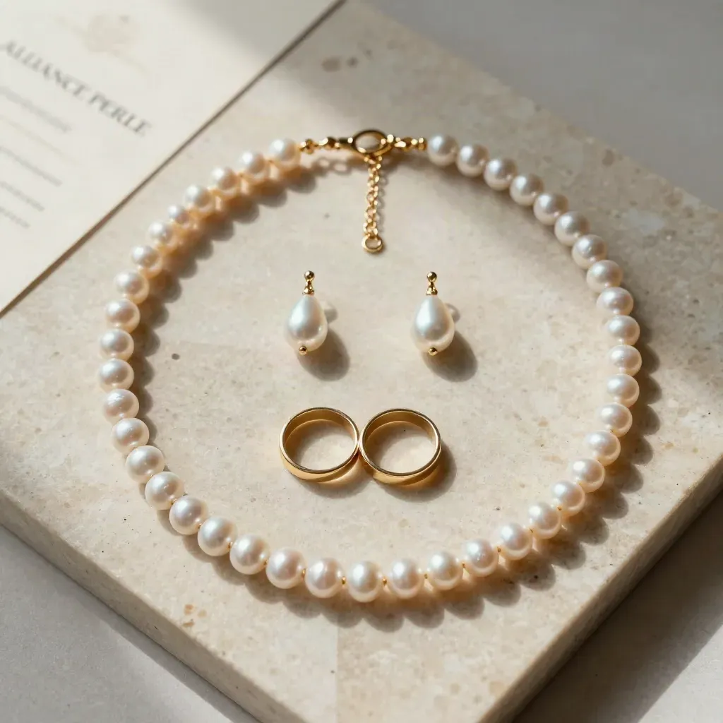 Parure de mariage en perles avec collier, boucles, bracelet et écrin sur travertin clair.