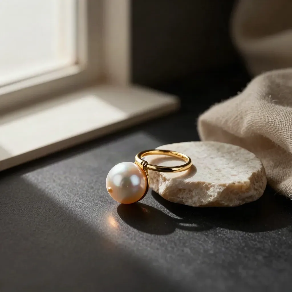 Anneau perle rosée en or sur lin froissé et pierre claire, lumière dramatique.
