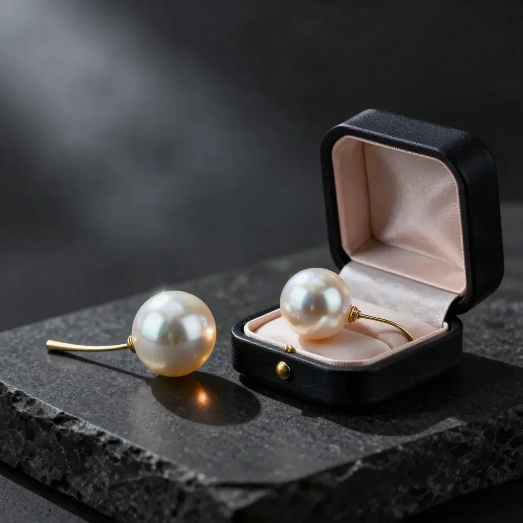 Boucles pendantes en nacre dans un écrin ouvert sur pierre sombre, lumière dramatique.