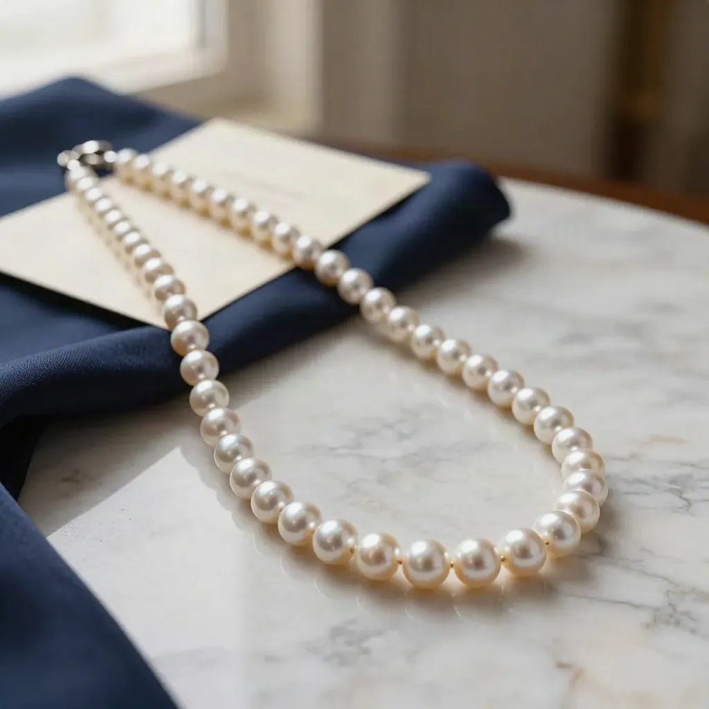 Collier de perles Akoya sur marbre ivoire, drapé bleu nuit, lumière douce.