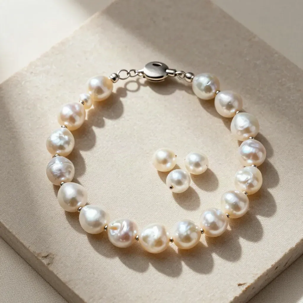 Bracelet de perles baroques sur lin brut, vue du dessus, avec fermoir argent 925