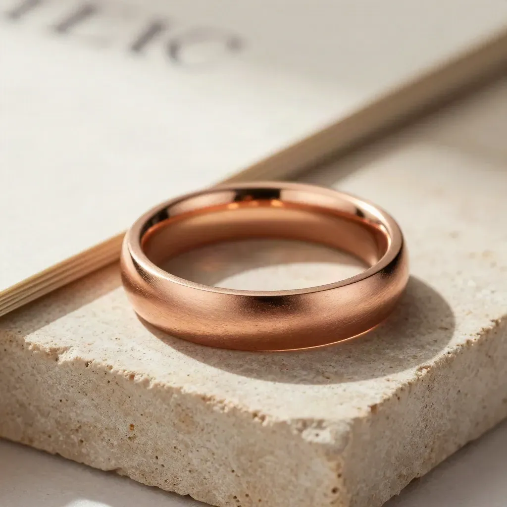 Bague en or rose satinée sur pierre chaude, éclairée en macro latérale