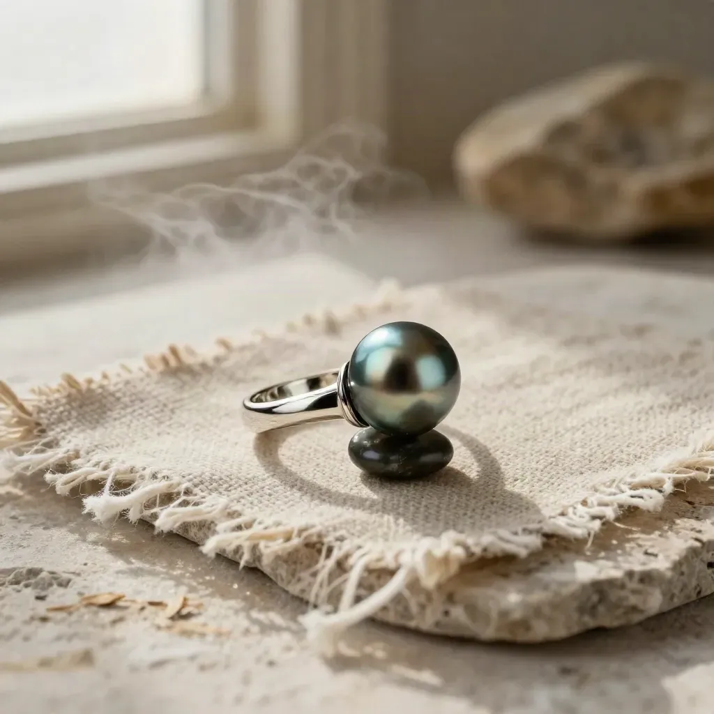 Bague perle de Tahiti en or blanc sur galet sombre et lin brut, lumière marine douce.