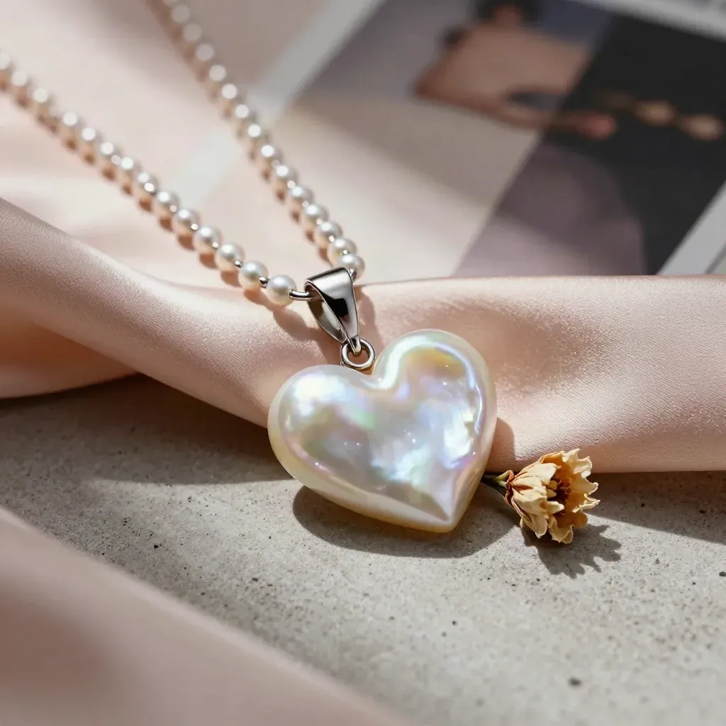 Gros plan d’un pendentif cœur de perle sur chaîne, avec fleur séchée et soie blush.