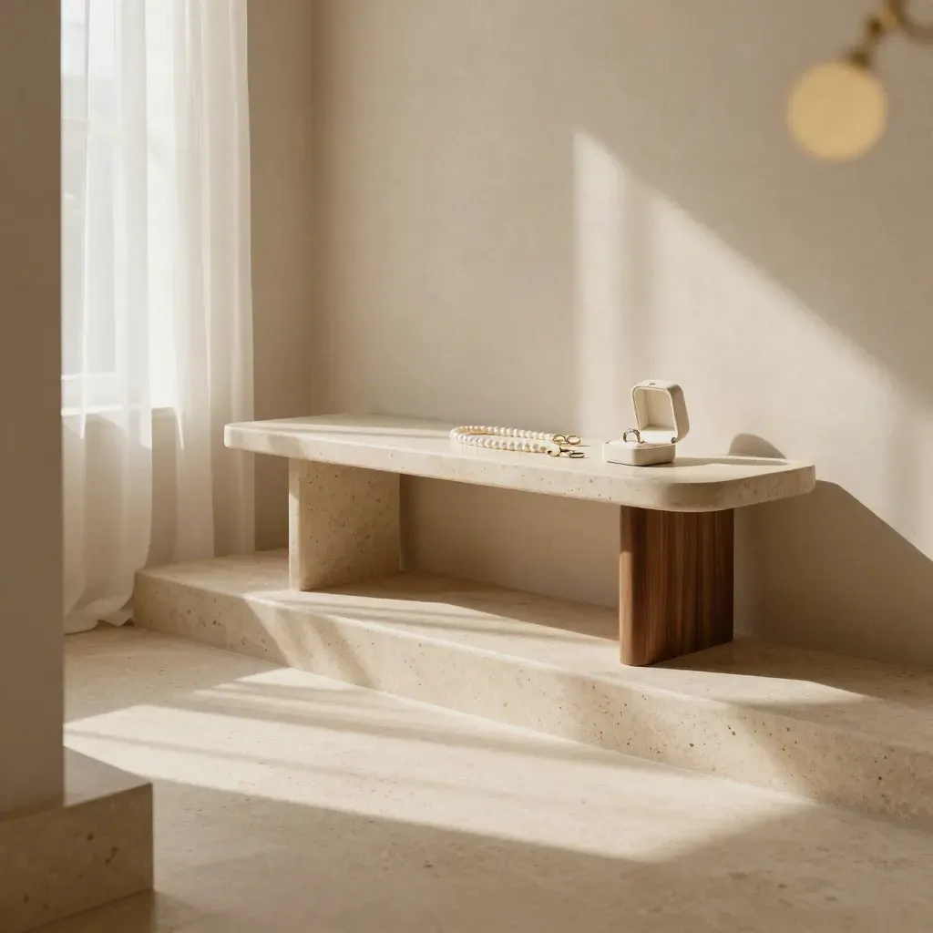 Intérieur bridal en pierre claire, marches en travertin, bijoux et lumière du matin.