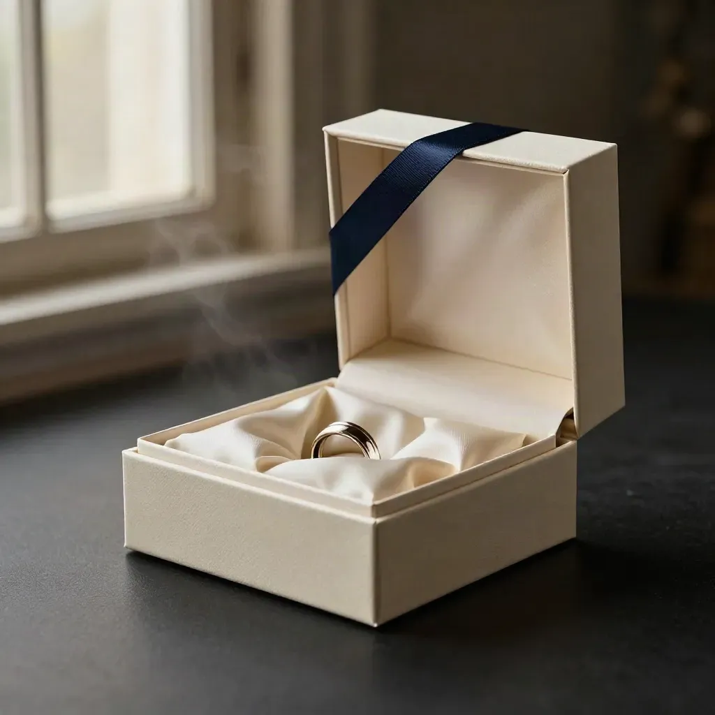 Coffret cadeau mariage ouvert, ruban en diagonale et intérieur satiné sur fond sombre.