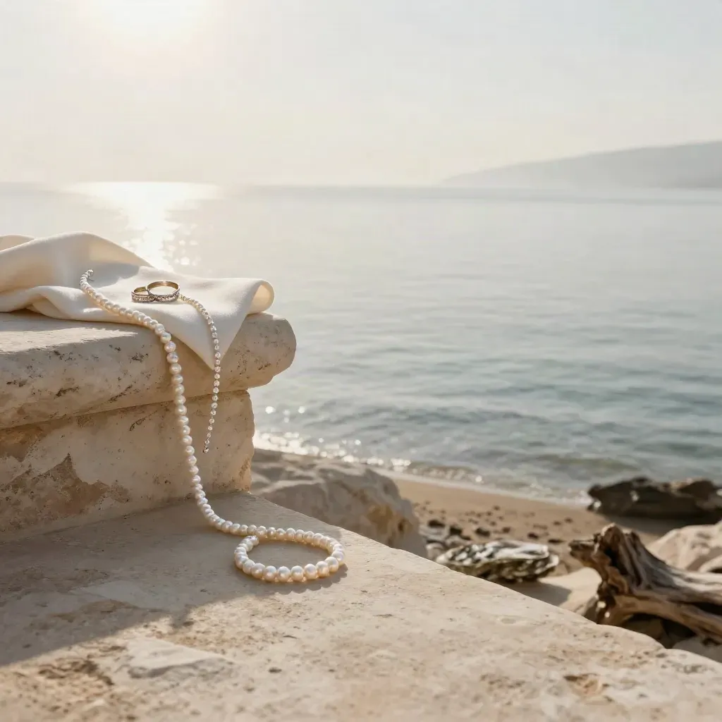 Terrasse calcaire en bord de mer avec bijoux délicats et linge clair dans la brume.