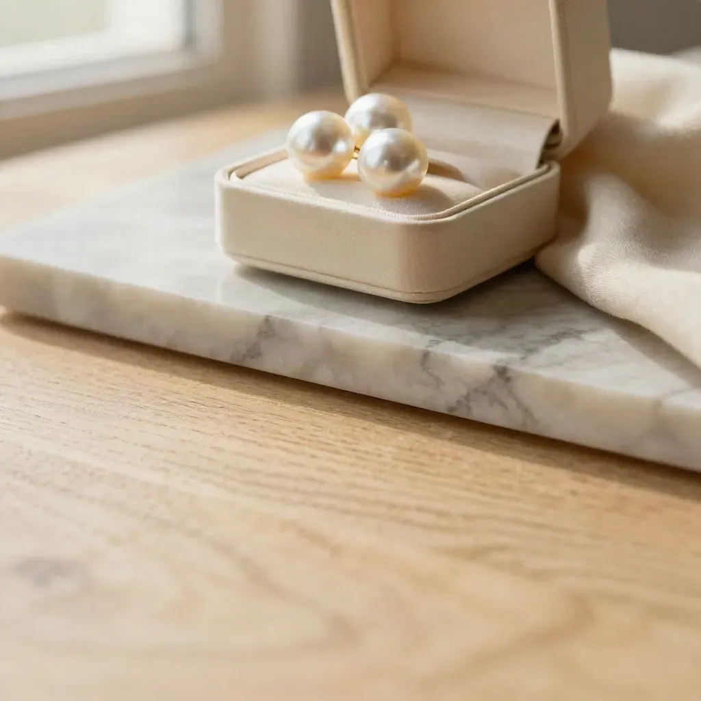 Surface d’orme et marbre avec perles de culture, drapé crème et petit écrin ouvert