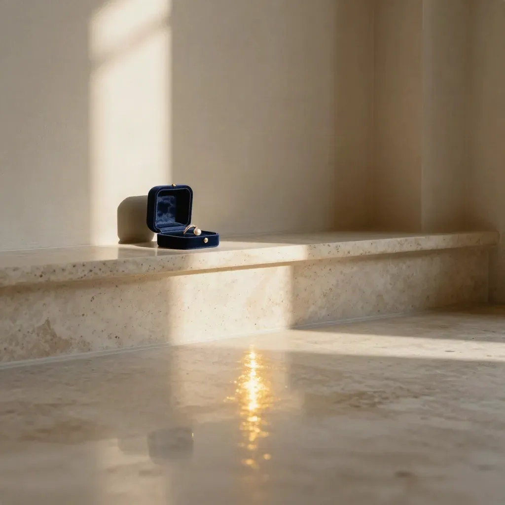 Galerie de pierre lumineuse avec écrin de bijoux, bague de perle et pendentif, ambiance de fin de jour.