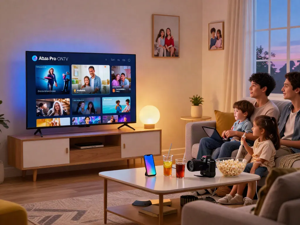 Installation de l'application Atlas Pro sur TV dans un salon moderne avec famille regardant des chaînes en direct.